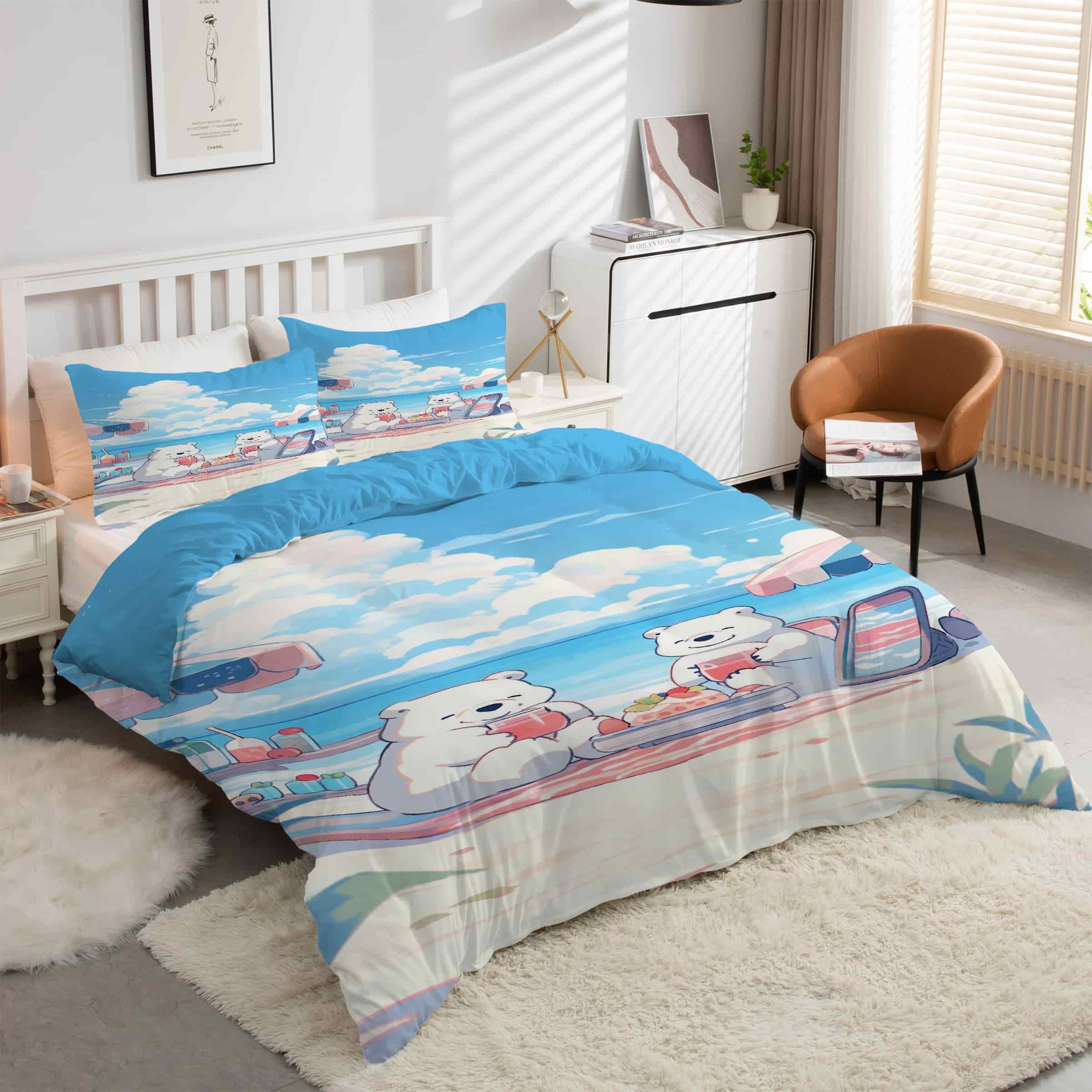 Housse de Couette 160x200 Ourson avec 2 Taies d'Oreiller en Microfibre Douce kK1503
