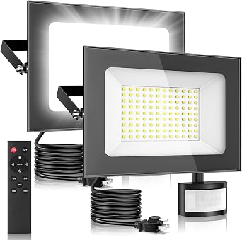 Sararoom 2-Pack 100W LED Flood Lights with Motion Sensor, 10000LM Super Bright Outdoor Security Lights, IP65 Waterproof Plug-in for Garage, Yard, Backyard 6500K Cool White