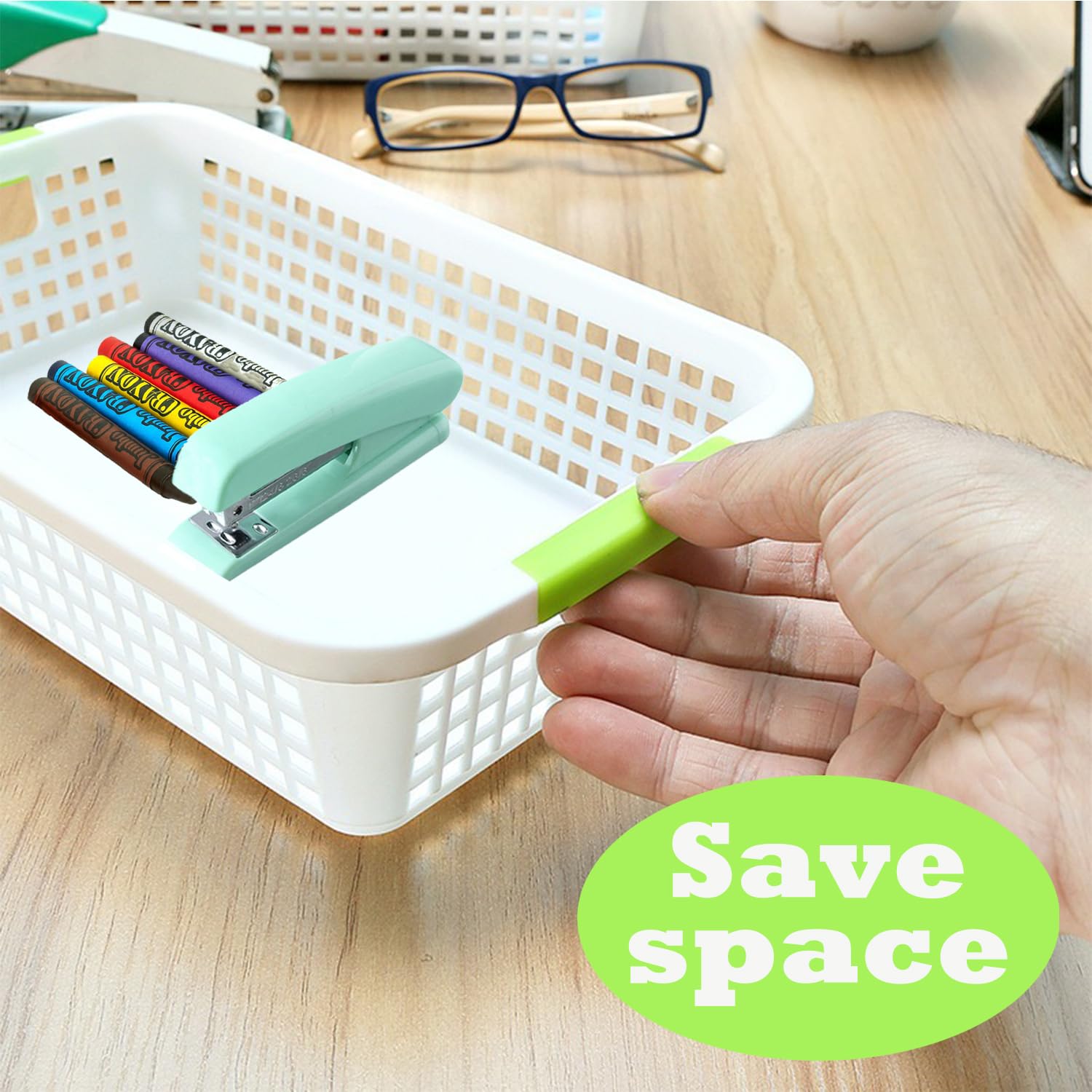 Paquete de 8 cestas de almacenamiento de plástico con asa, cesta de almacenamiento de papel para archivos de escritorio, cestas organizadoras de aula, contenedores de plástico para biblioteca,
