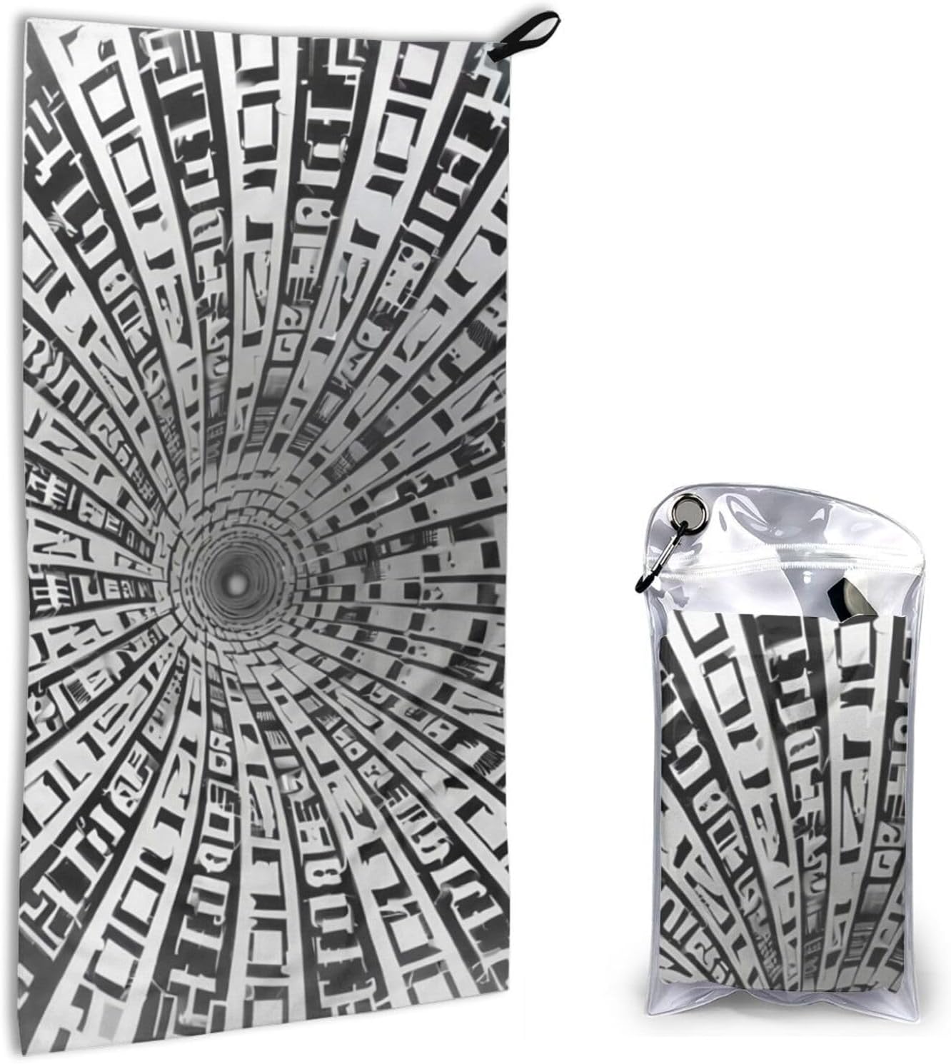 Abstract Geometric Tunnel Black White Print Quick Dry Microfiber Towel 16x31.5 Inches, Super Absorbent Lightweight Compact Travel Towel with Carabiner & Carry Bag for Outdoor, Beach, Gym, Camping