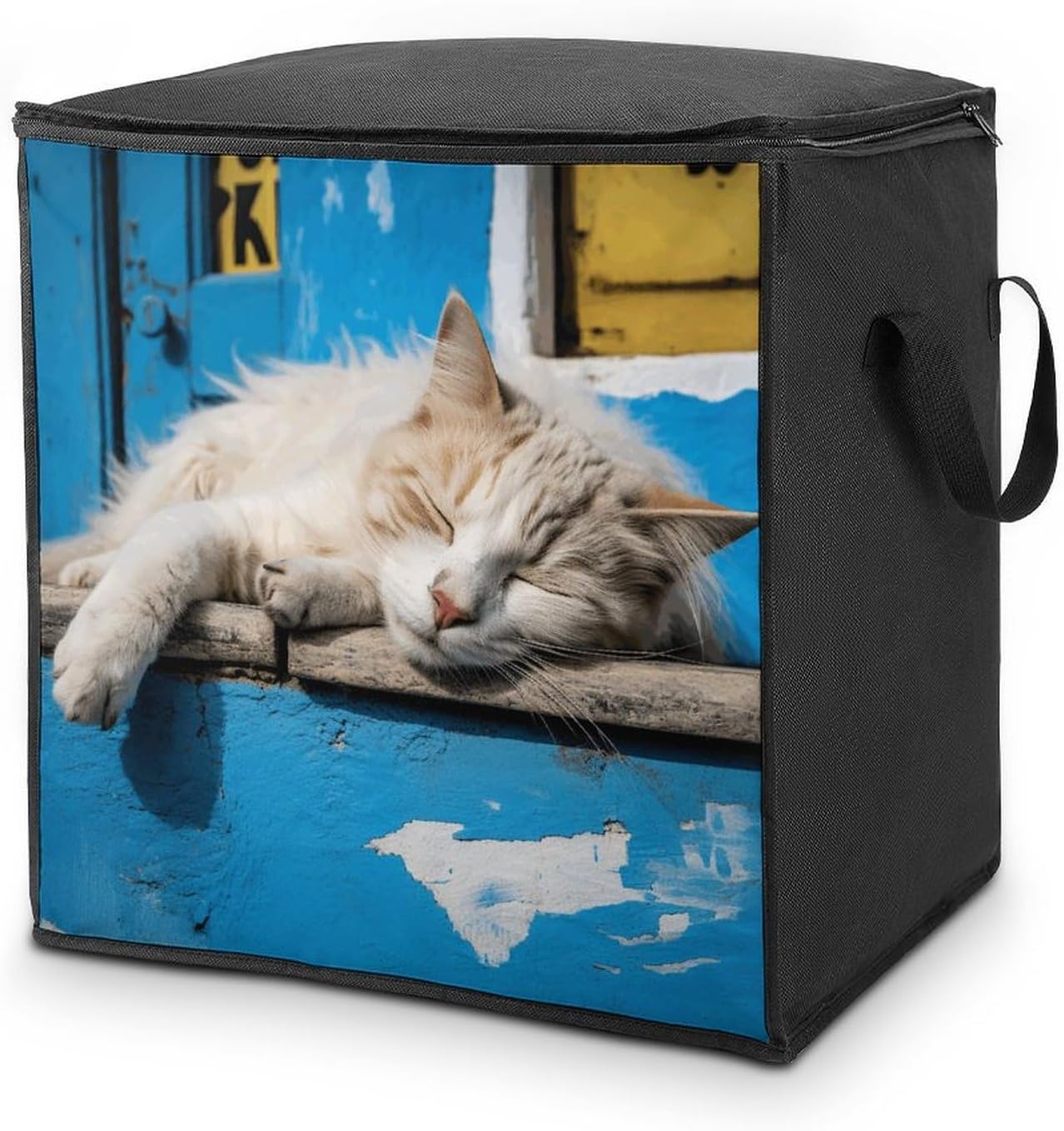 Portable Quilt Storage Bag,Sleeping Little Cat Printed Foldable Wardrobe Storage Box Foldable Storage Bag with Lids And Handle Large Clothing Storage Bag for Comforters Clothes Blankets Pillows