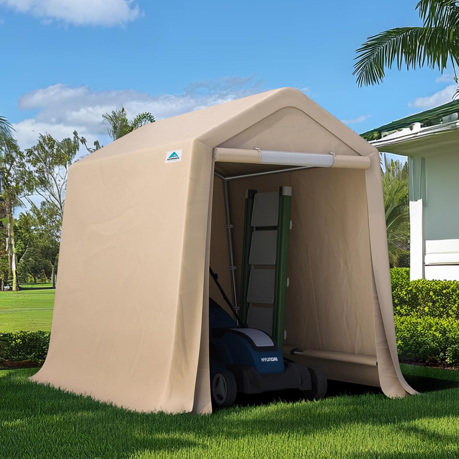 ADVANCE OUTDOOR 6x8 ft Outdoor Portable Storage Shelter Shed with 2 Roll up Zipper Doors & Vents Carport for Motorcycle Waterproof and UV Resistant Portable Garage Kit Tent, Beige