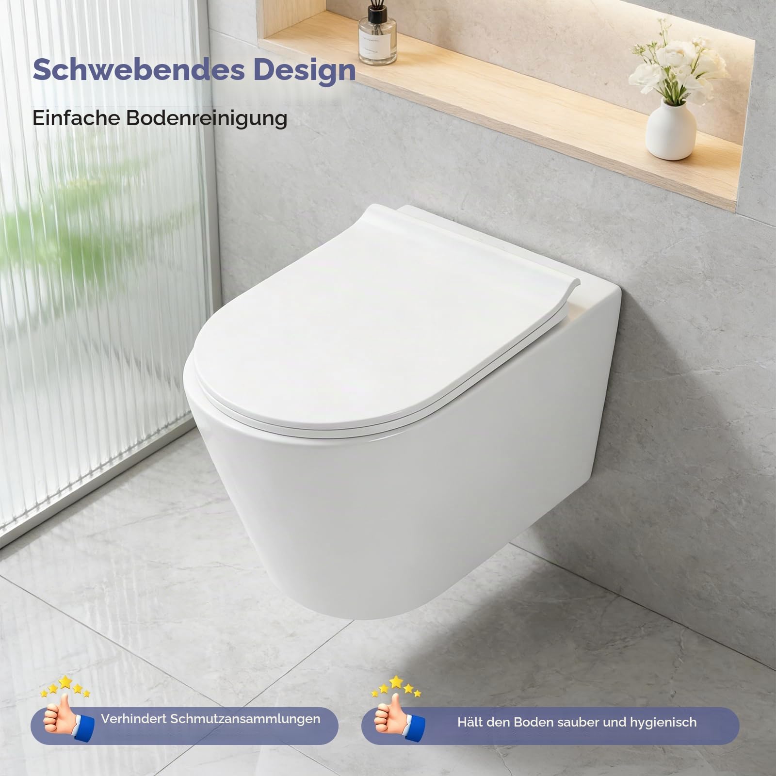 Wand WC für moderne Badezimmer, Gäste WC, inklusive WC-Becken mit Soft-Close-Sitz, Schnellverschluss, geräuscharmer Wandmontage