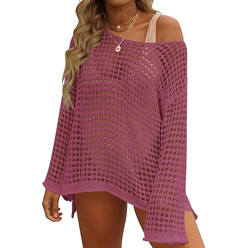 ZESICA Women's 2025 Summer Crochet Hollow Out Long Sleeve Beach Bikini Swimsuit Mesh Cover Up Tunic Top