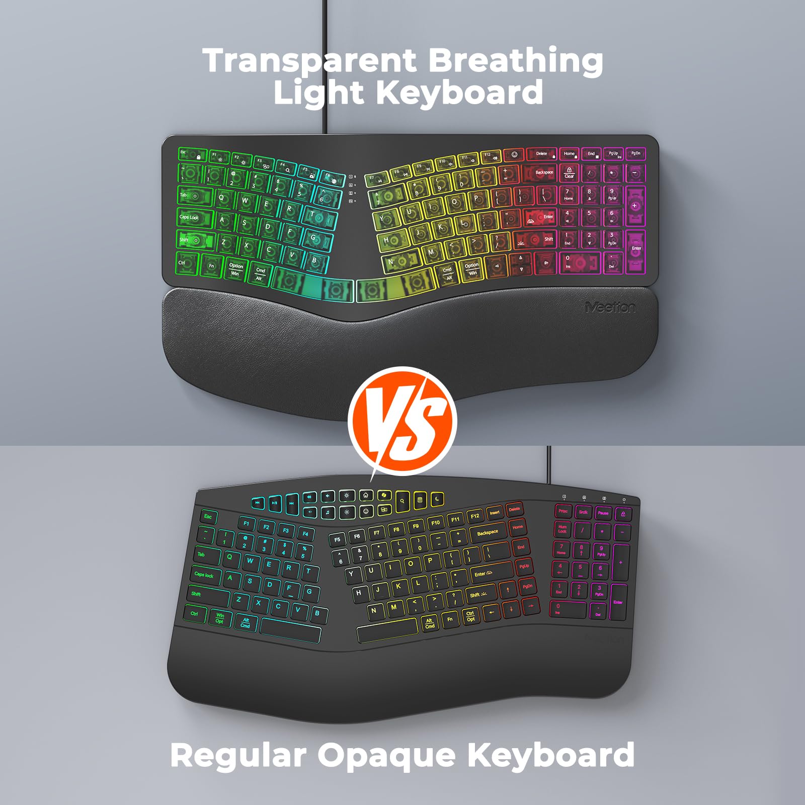 MEETION Tastiera ergonomica cablata, retroilluminazione trasparente a 7 colori, 4 luminosità, 1 retroilluminazione RGB respiratoria, cuscino poggiapolsi, adattatore USB-A/USB-C, tastiera Ergo per