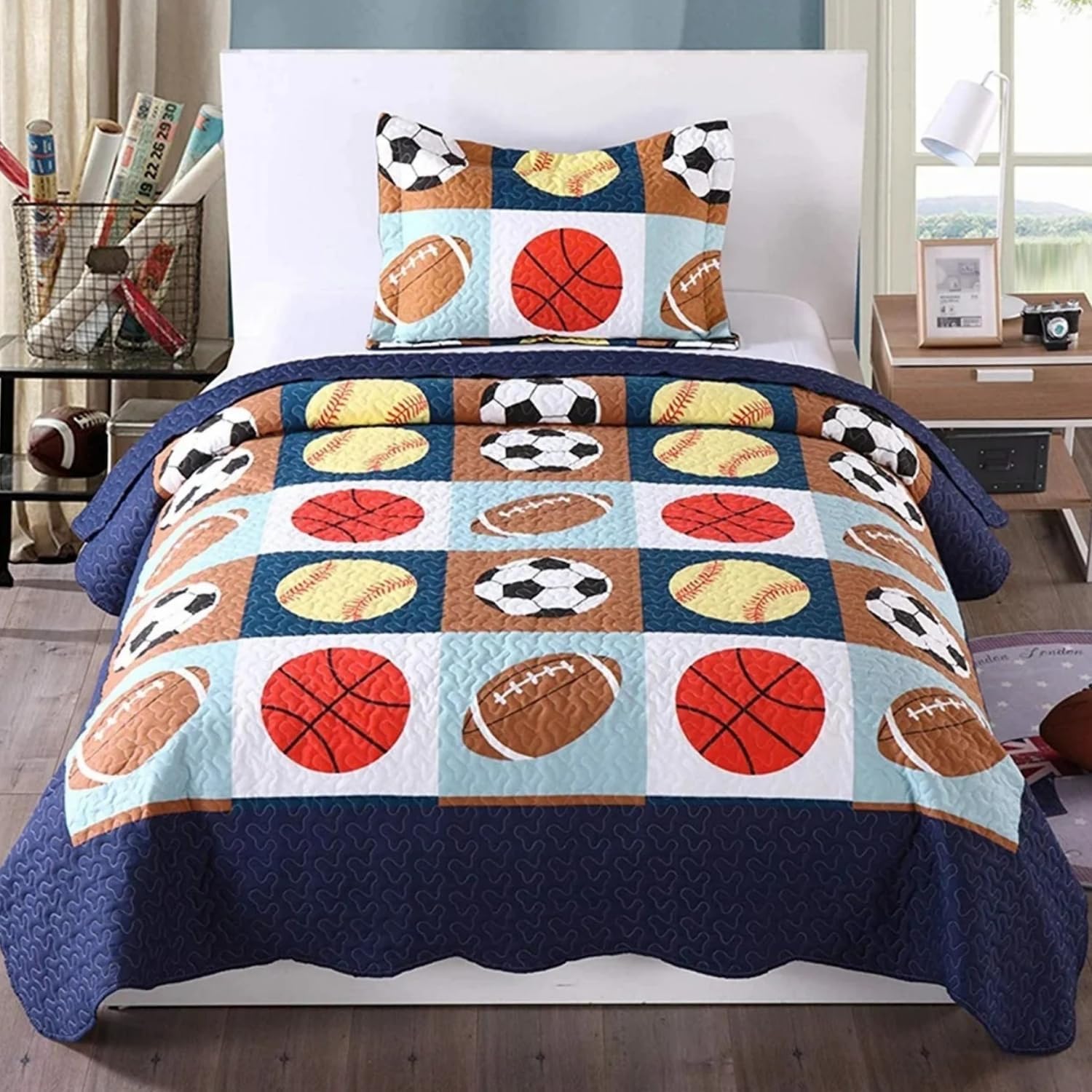 MarCielo 2 Piece Kids Bedspread Quilts Set Throw Blanket for Teens Boys Bed Printed Bedding Coverlet, Twin Size, Blue Basketball Football Sports, American Football (Twin)