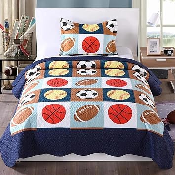 MarCielo 2 Piece Kids Bedspread Quilts Set Throw Blanket for Teens Boys Bed Printed Bedding Coverlet, Twin Size, Blue Basketball Football Sports, American Football Twin