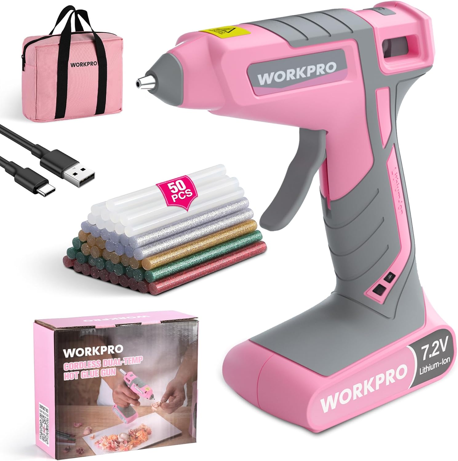 WORKPRO Cordless Hot Glue Gun, 30s Fast Preheating, 7.2V Dual-Temp Glue Gun Kit with 50pcs Glue Gun Sticks, Storage Bag, USB-C Charging Cord, 2600mAh Battery for DIY and Crafting