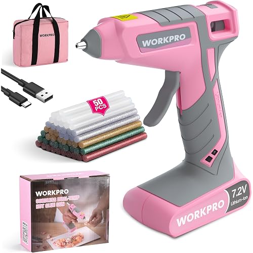 WORKPRO Cordless Hot Glue Gun, 7.2V Dual-Temp Kit, Pink | 30s Fast Preheating, 2600mAh Battery, Storage Bag, USB-C Charging Cord, for DIY and Crafting