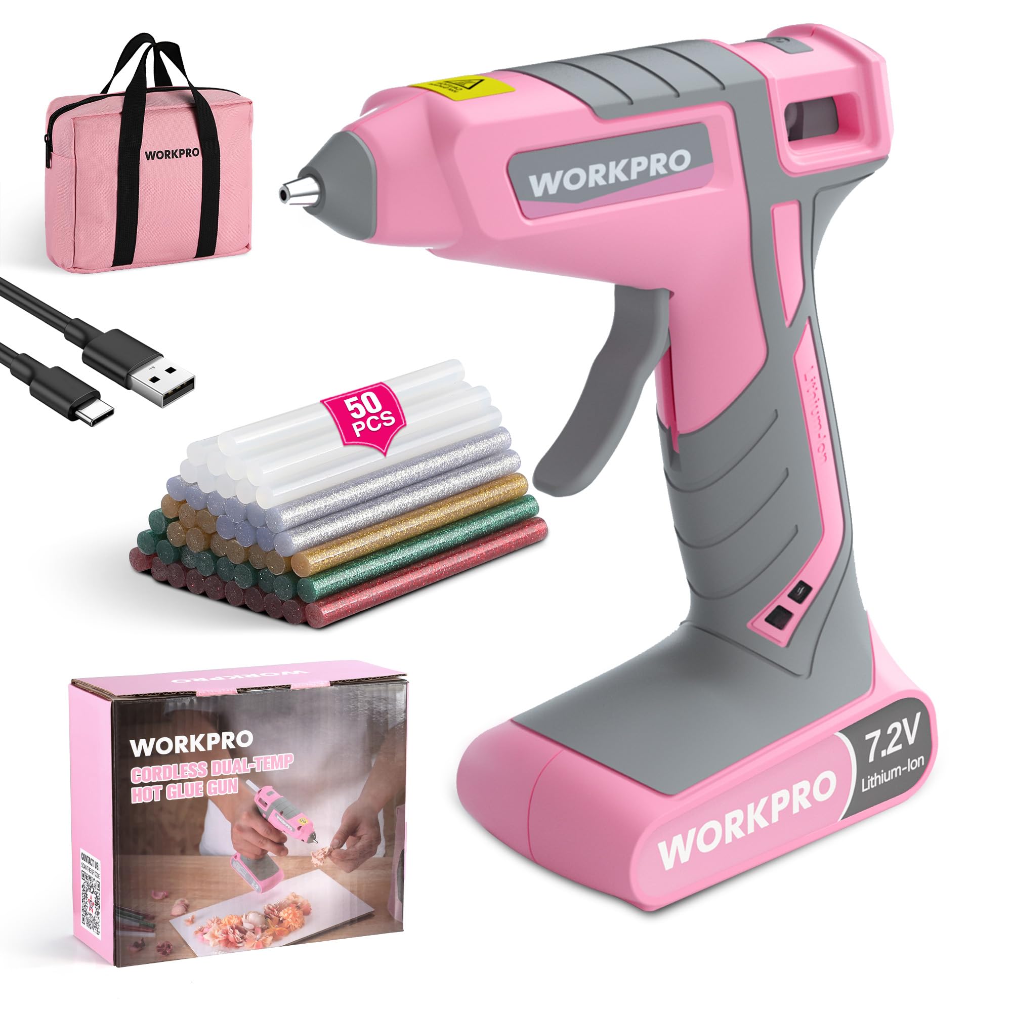 WORKPRO Cordless Hot Glue Gun, 30s Fast Preheating, 7.2V Dual-Temp Glue Gun Kit with 50pcs Glue Gun Sticks, Storage Bag, USB-C Charging Cord, 2600mAh Battery for DIY and Crafting