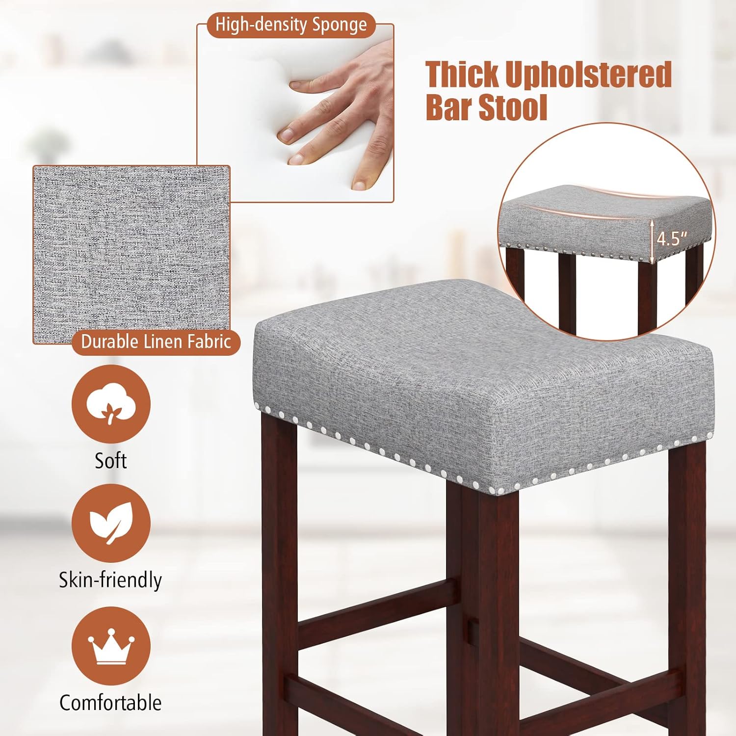 COSTWAY Wooden Saddle Stools Set of 4, 25-inch Backless Counter Chairs with Nailhead Trim, Rubber Wood Frame, Footrest, Max Load 330 Lbs, Upholstered Bar Stools for Kitchen Island, Grey+Brown