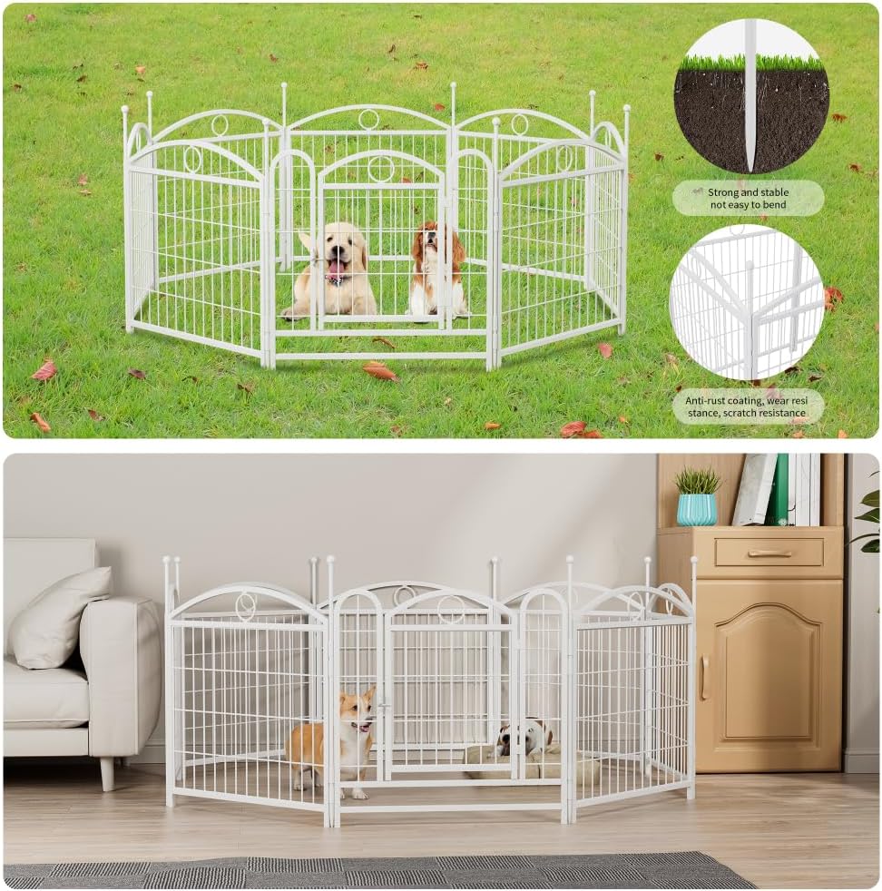 24 inch 8 Panels Metal Dog Playpen Indoor Fence Outdoor Exercise with Doors, Heavy Duty Fence for Large Medium Small Dogs Indoor Foldable Pet Puppy (White)