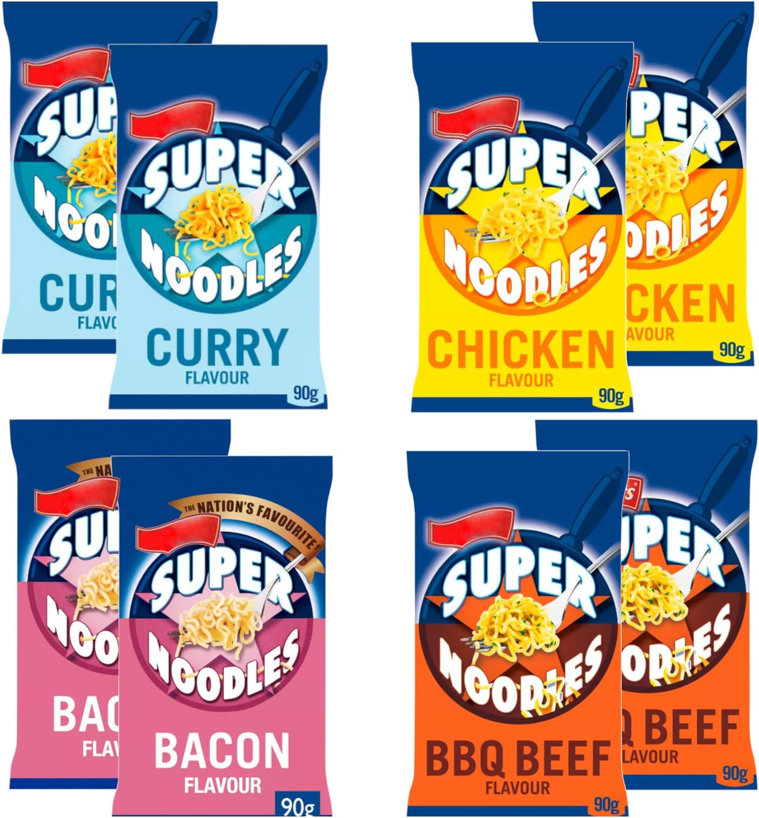 Instant Super Noodles Variety Pack - 8 x 90g, 2 Beef, 2 Chicken, 2 Curry, 2 Bacon - Quick & Tasty Noodle Selection for Meals on the Go