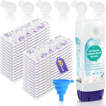 PowerMop Cleaning Bundle 40 Disposable Refill Pads & 24oz Reusable Refillable Bottle with Funnel for Swiffer Power Mop, Multi-Surface Safe, Leak-Proof Design