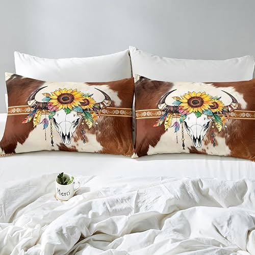 Miniatura 5 de Erosebridal Juego de ropa de cama occidental de piel de vaca marrón, tamaño Queen, funda de edredón de calavera de azúcar, funda de edredón de