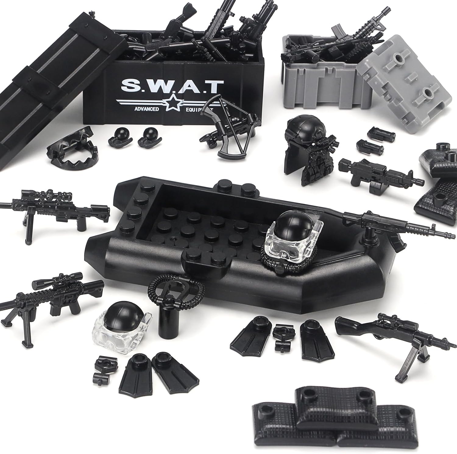270 Pieces Military Weapons Pack for SWAT Police Special Soldiers Army Weapons and Gear Equitment Scuba Diving Suit Speed Boat Motorcycle Drone Building Brick Block Toys Compatible with Major Brands