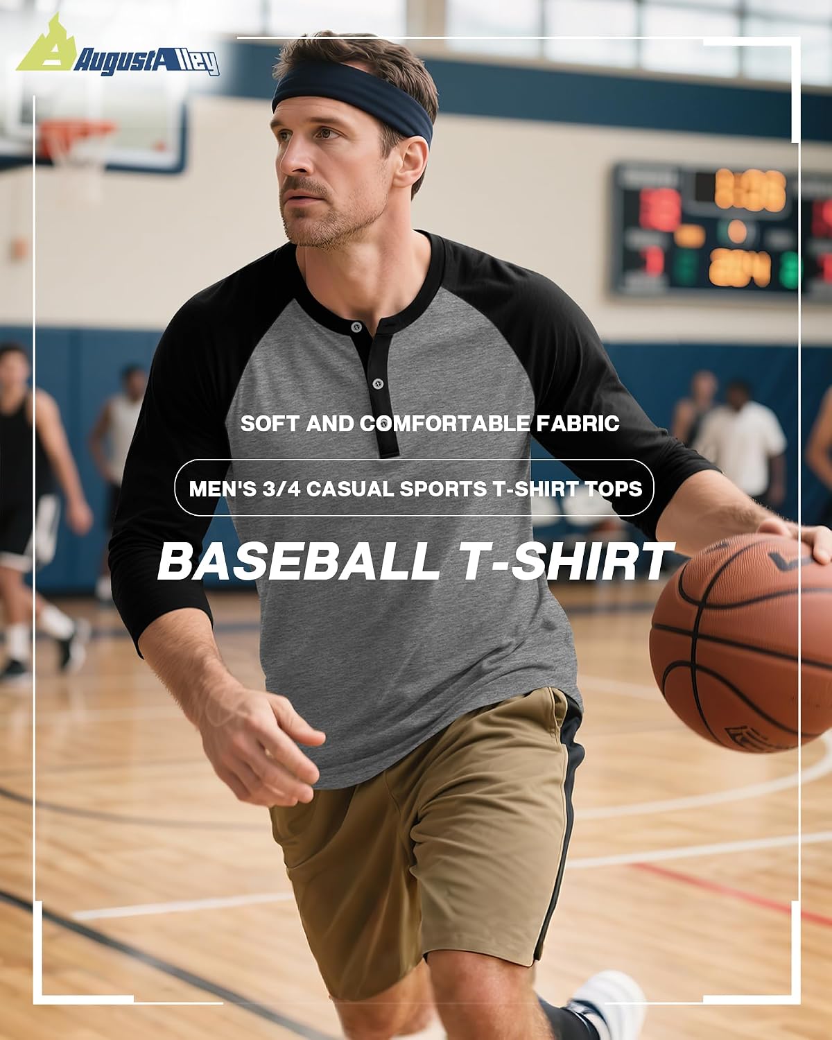 August Alley 3 Pack Men's 3/4 Sleeve Baseball Raglan T-Shirts S-3XL, Henley Tops Sport Athletic Jersey Tee Buttons Shirts