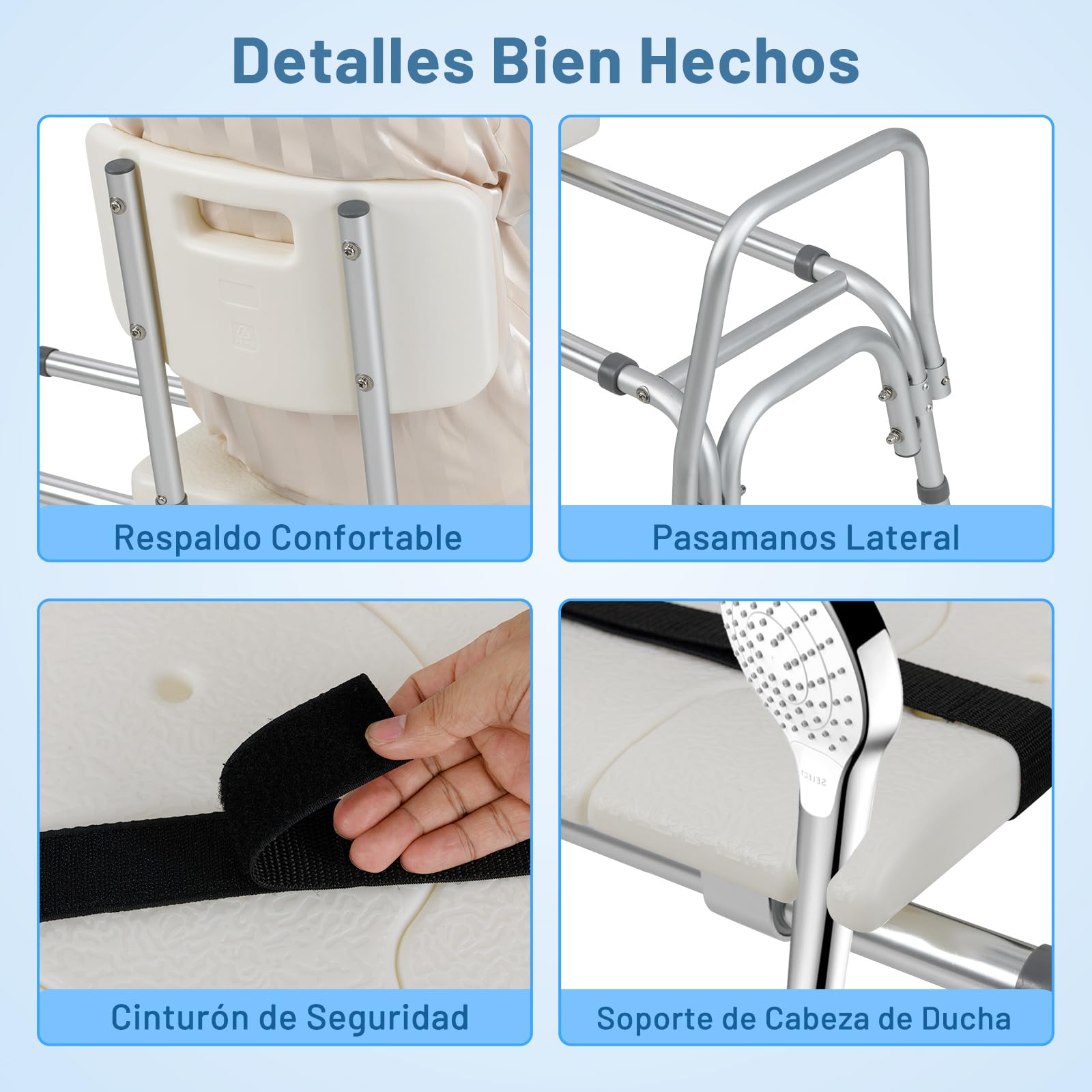 COSTWAY Banco de Baño Extraíble, Silla Ducha con Respaldo Ajustable en Altura con Asiento, Reposabrazos y Cinturón de Seguridad, Banco para Bañera Antideslizante para Ancianos y Discapacidadas