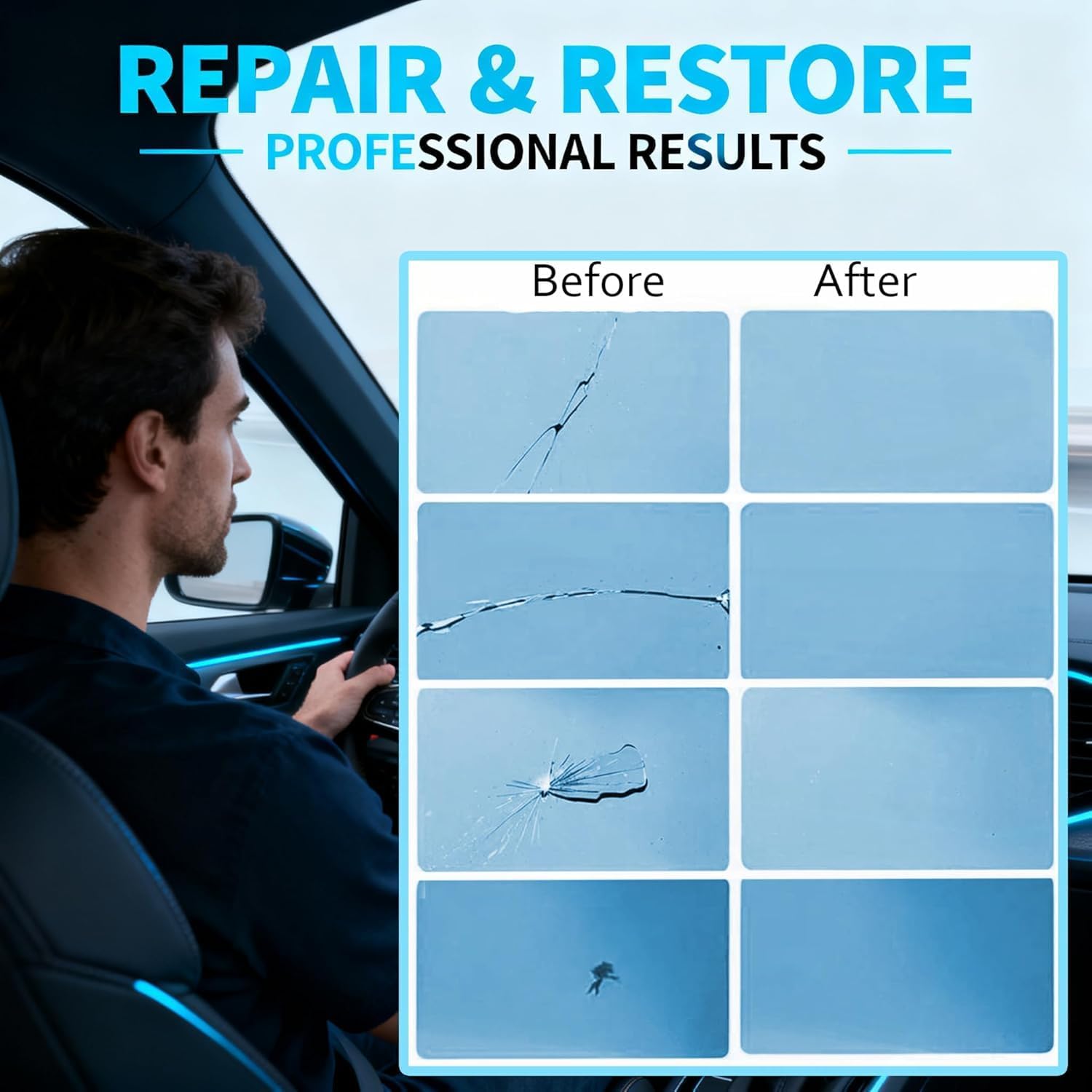 Windshield Repair Kit, Windshield Chip Repair Kit, Rock Chip Repair Kit,2 Pcs Car Glass Repair Kit Quick Fix for Chips & Cracks, Windshield Crack Repair Kit, Automotive Nano Fluid（Navy）