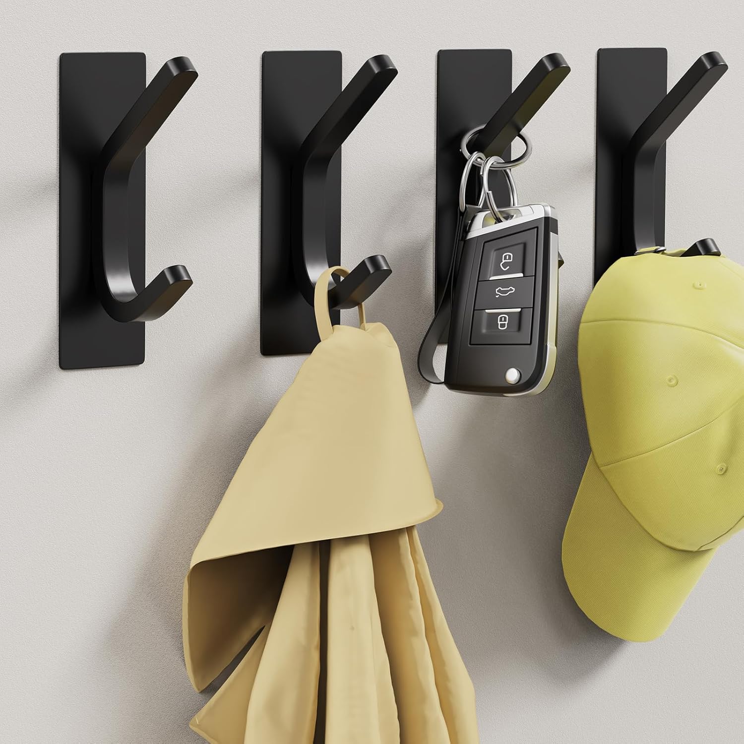 Black Stainless Steel Wall Hooks, Heavy Duty Self Adhesive Hooks for Hanging Coats, Towels, Hats, Keys, Sticky Door Hangers, Towel Hooks for Bathroom, Bedroom, Kitchen, Hotel (4 Pack)
