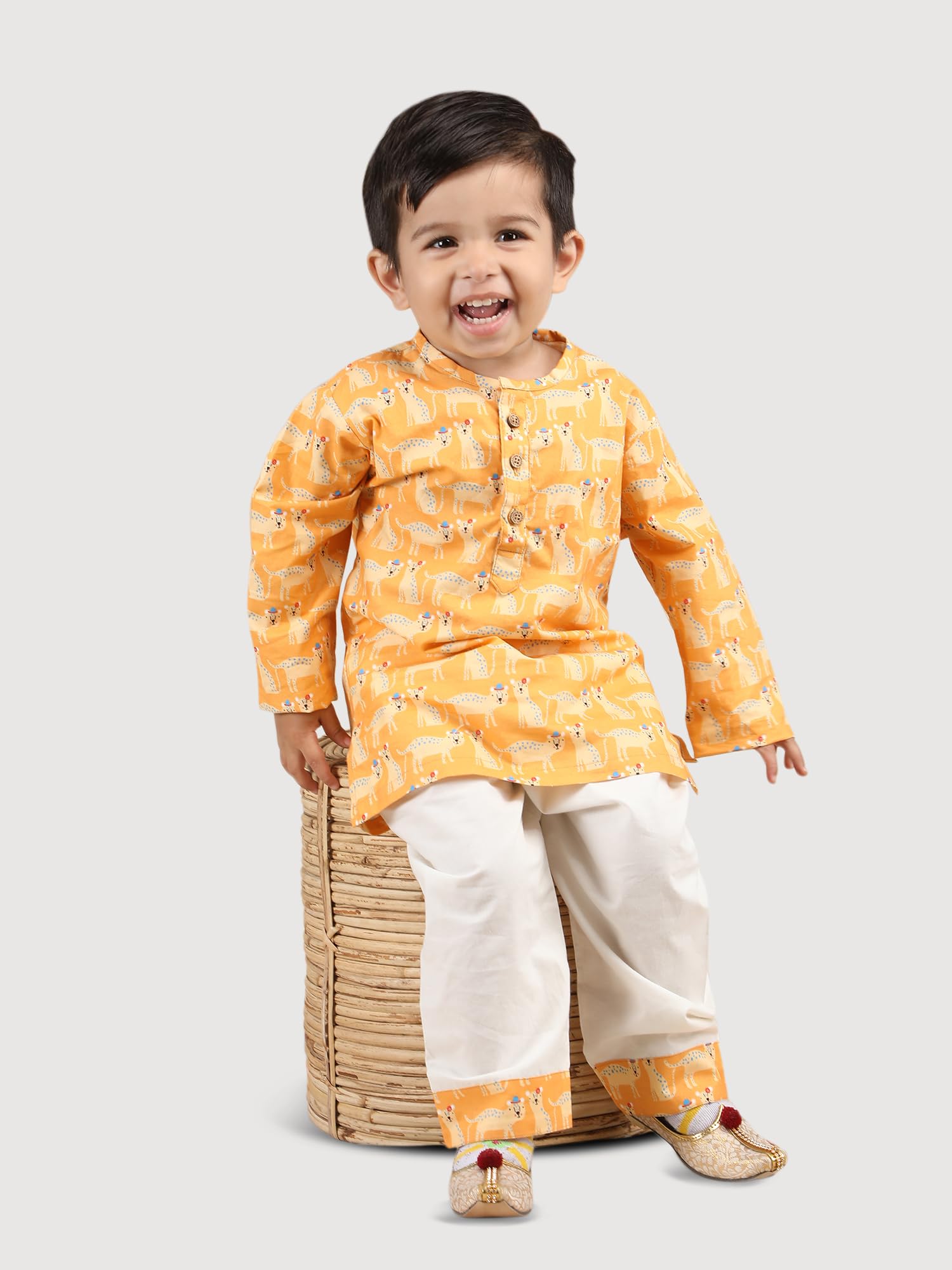 POLKA TOTS Cotton Full Sleeve Night Wear Kurta Payjama For Baby Kid - Yellow - 6-9 M - Image 7 thumbnail