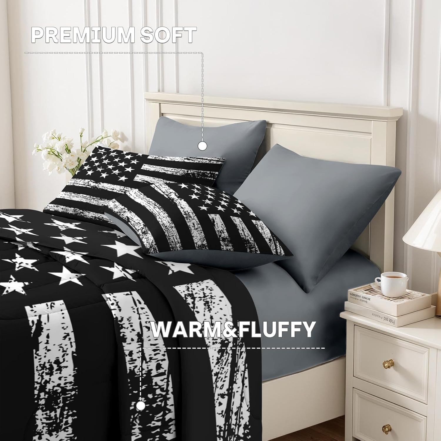 Nesker 7 Pcs Comforter Set Queen Size, Black White USA American Flag Bedding Set for Kids and Adults, Vintage Stars Stripes Flags Boys Sheets Bed Sheet Sets with Fitted Sheet 2 Pillowcases & 2 Shams