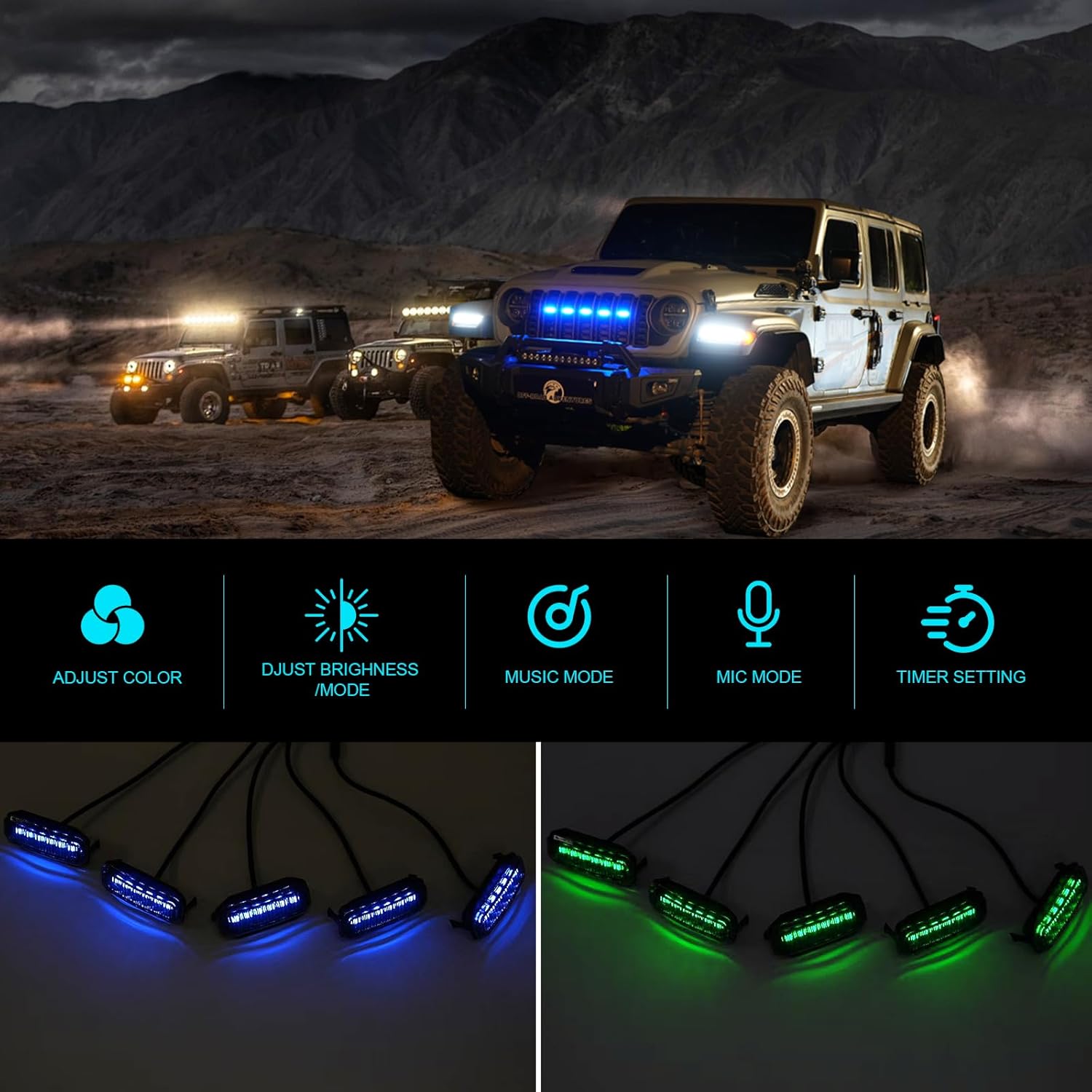 RGB LED Grille Lights Compatible with 2024 2025 Jeep Wrangler JL JLU Gladiator JT, 5PCS Color-Changing Front Grill Lights, APP Control, Music Sync, IP68 Waterproof, Easy Plug & Play Install