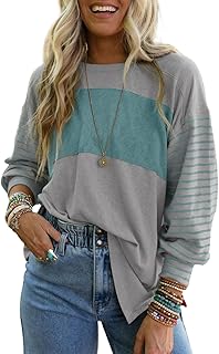 Long Sleeve Tops Oversized 2025 Trendy Round Crew Neck Casual Color Bloc...