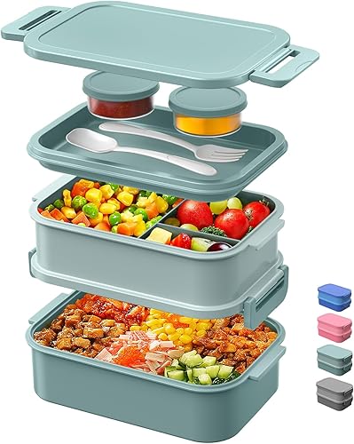 DaCool Lonchera Bento para adultos, caja Bento de 74 onzas, contenedor apilable todo en uno para adultos, caja Bento grande con tenedor, cuchara y