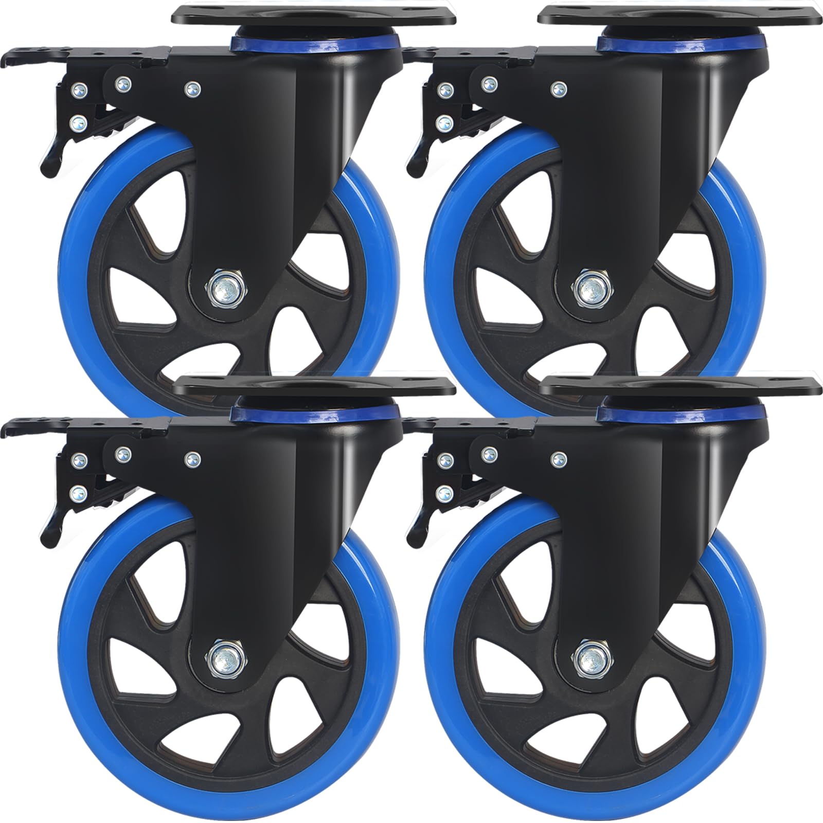 5 Inch Caster Wheels 2400lbs, Hands-Free A/B Brake Locking Casters, Heavy Duty Casters Set of 4, Silent Polyurethane Plate Castor Wheels for Cart,