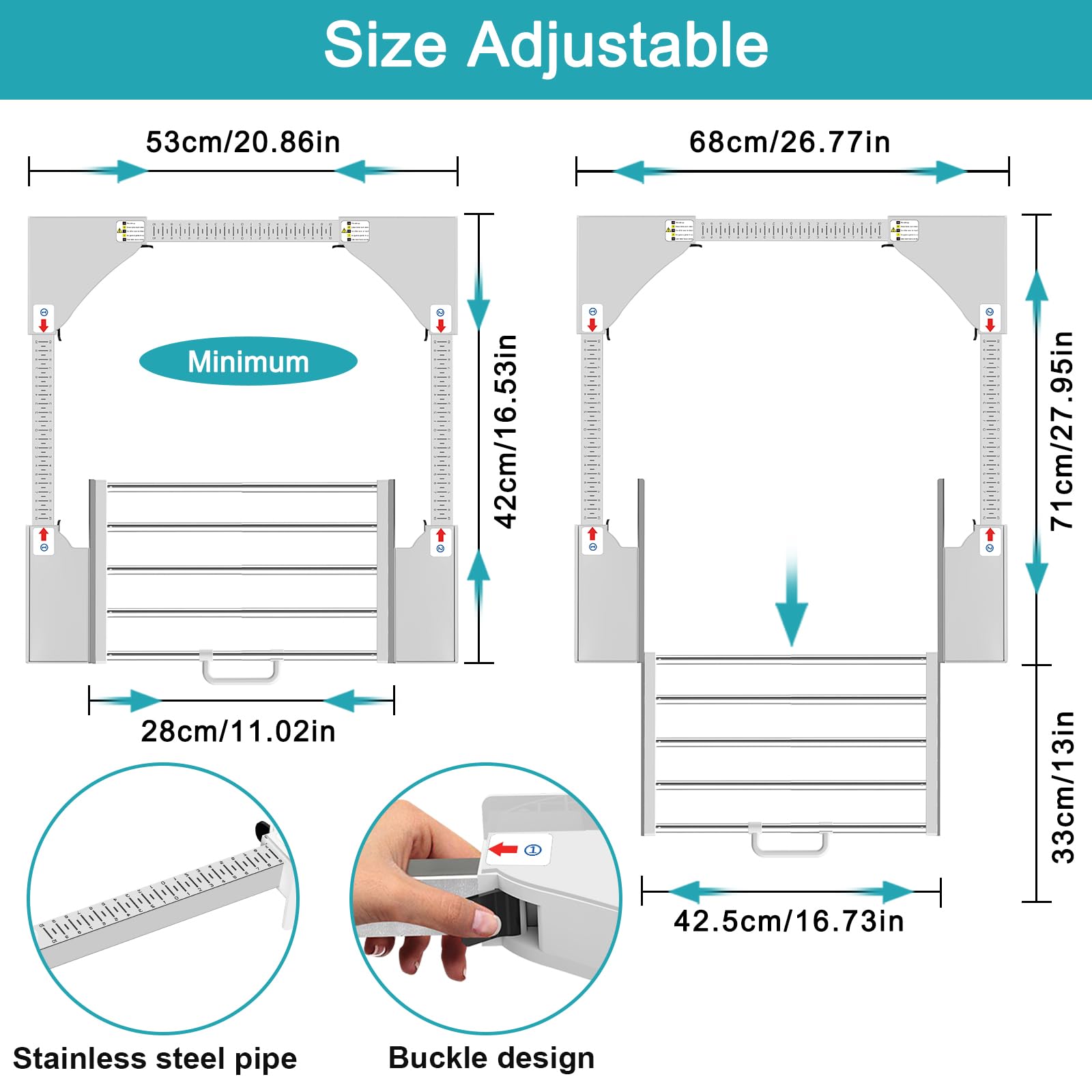 NIUXX Telaio intermedio con stendibiancheria, kit sovrapposizione lavatrice asciugatrice, kit telaio intermedio con portasciugamani estensibile, misura regolabile (53-68 cm) Bianco