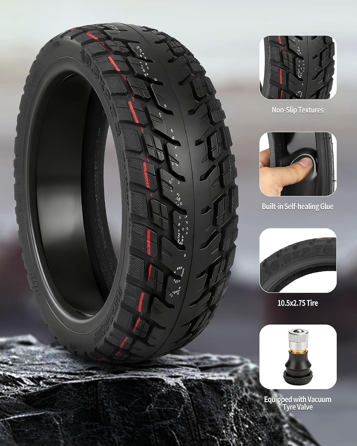 10.5x2.75 Tubeless Tire 10 Inch for Segway Ninebot P65 P100 P100S Electric Scooter, Self Repairing, Thicken Tires, Non-Slip, Spare Wheels for Kickscooter Accessories, Type 2, 2 Pack