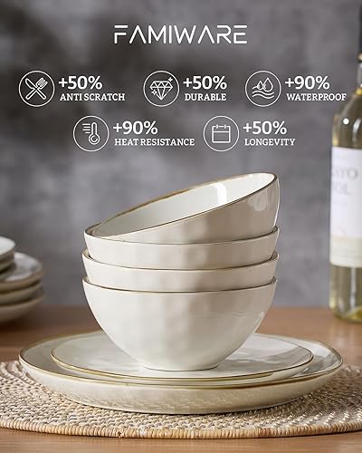 Miniatura 6 de Famiware Juego de vajilla para 4 personas, juego de platos y cuencos redondos de 12 piezas, apto para microondas y lavavajillas, resistente a los