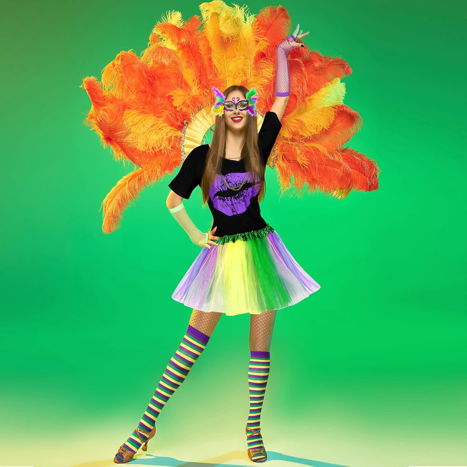 SATINIOR 6 Pcs Mardi Gras Outfit for Women Mardi Gras Costume Purple Sequin T-Shirt Skirt with Feather Mask Beads Necklaces - Image 4