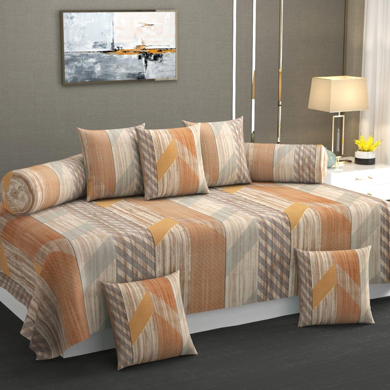 Premium Cotton Diwan Set 8 PCS|300 TC Fabric |1 Bedsheet (90x60 inch), 5 Cushion Covers (16x16 inch), 2 Bolster Covers (16x32 inch) |Vibrant Floral & Geometric Designs (Beige Brown)
