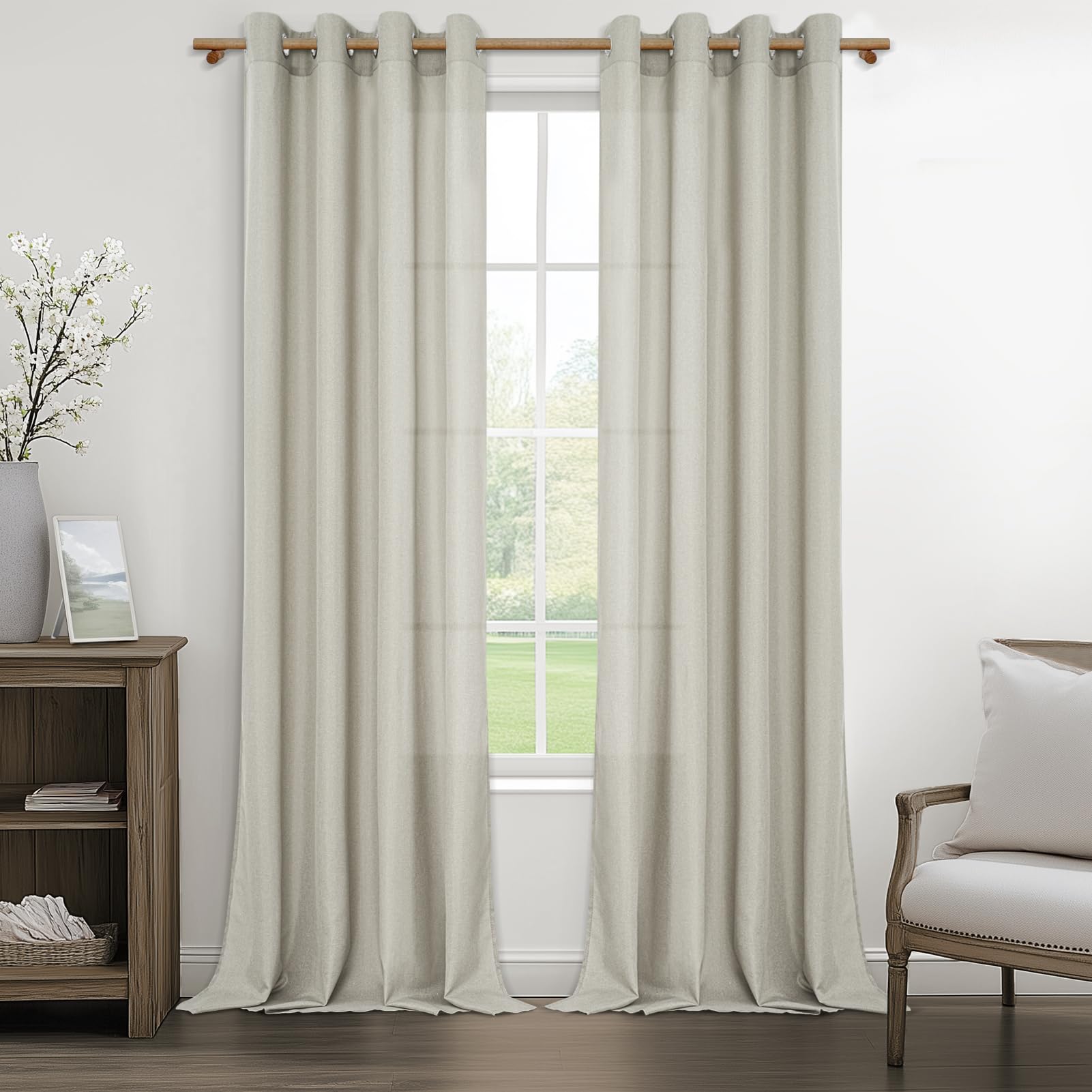 MRTREES Rideau Voilage Fenetre Salon Lot de 2 Panneaux de Rideaux Chambre Adulte Intérieurs Rideau Voile Lin Naturel Semi-Transparent à Oeillets pour Baie Vitrée Salle a Manger 140x245cm