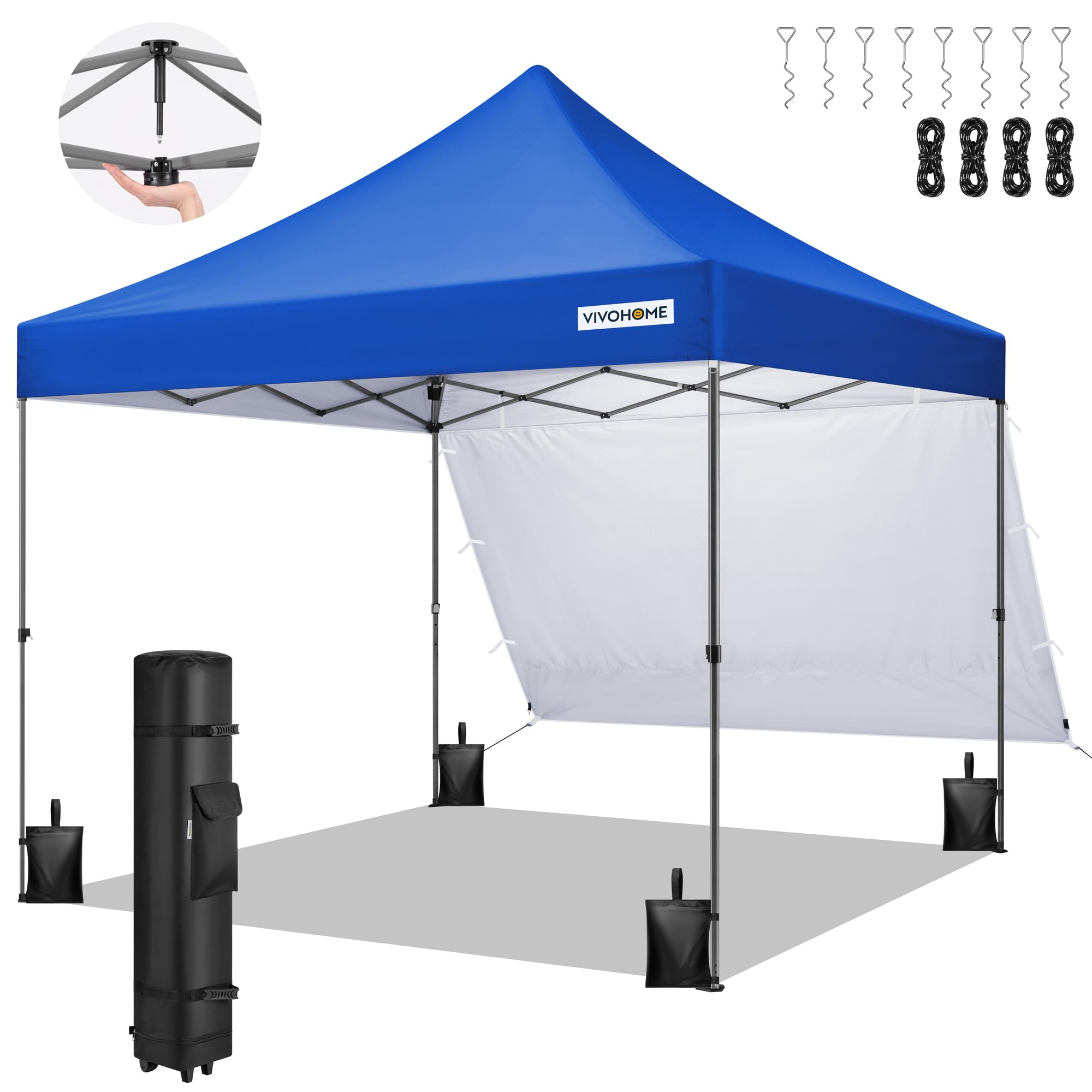 VIVOHOME 3x3m Easy Pop-Up Canopy Outdoor Screen Tent with One Sidewall and Roller Bag for Yard Camping Picnic Party Events Blue