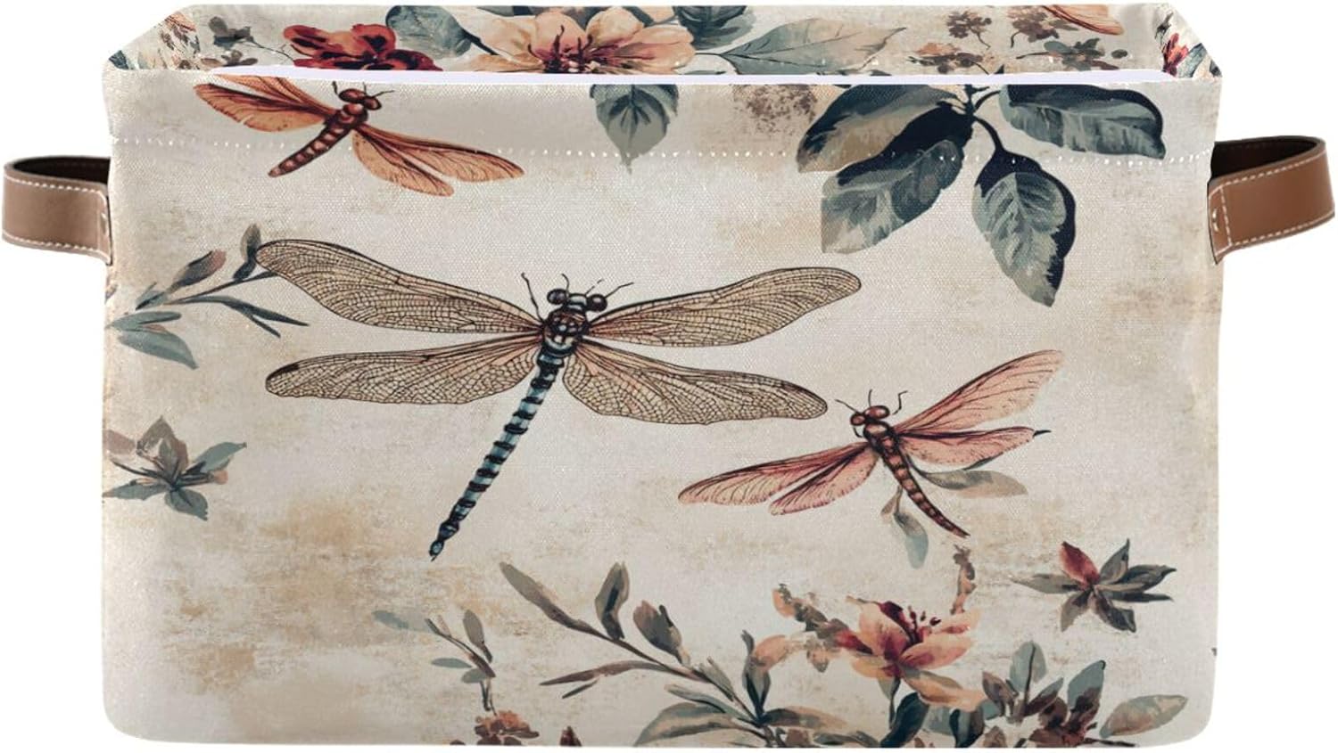 ALAZA Decorative Basket Rectangular Storage Bin, Vintage_Dragonflies Floral Organizer Basket with Leather Handles for Home Office