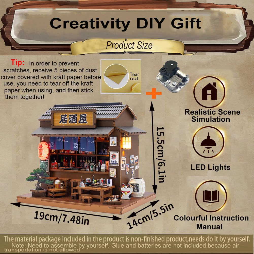 Kit casa delle bambole in miniatura in legno stile Izakaya giapponese fai da te negozio di costruzione accessori modello con mobili luce LED musica compleanno