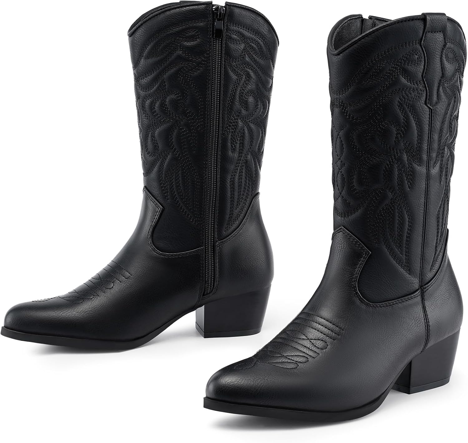 Dodow Womens Cowboy Cowgirl Boots Chunky Heel Pointed Toe Embroidered Short Western Ankle Booties