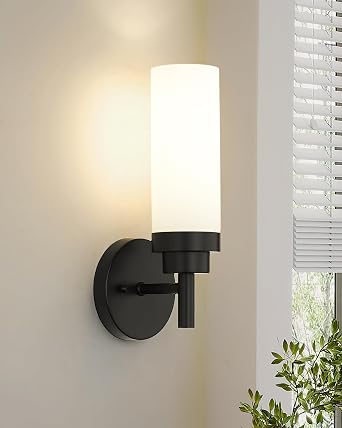 Emak Modern Wall Sconce Set of 2, Black Bathroom Light Fixtures with Milk Glass Shade, Farmhouse Wall Lamp for Bathroom, Bedroom, Living Room, Hallway, WS085-BK-ML-2PK