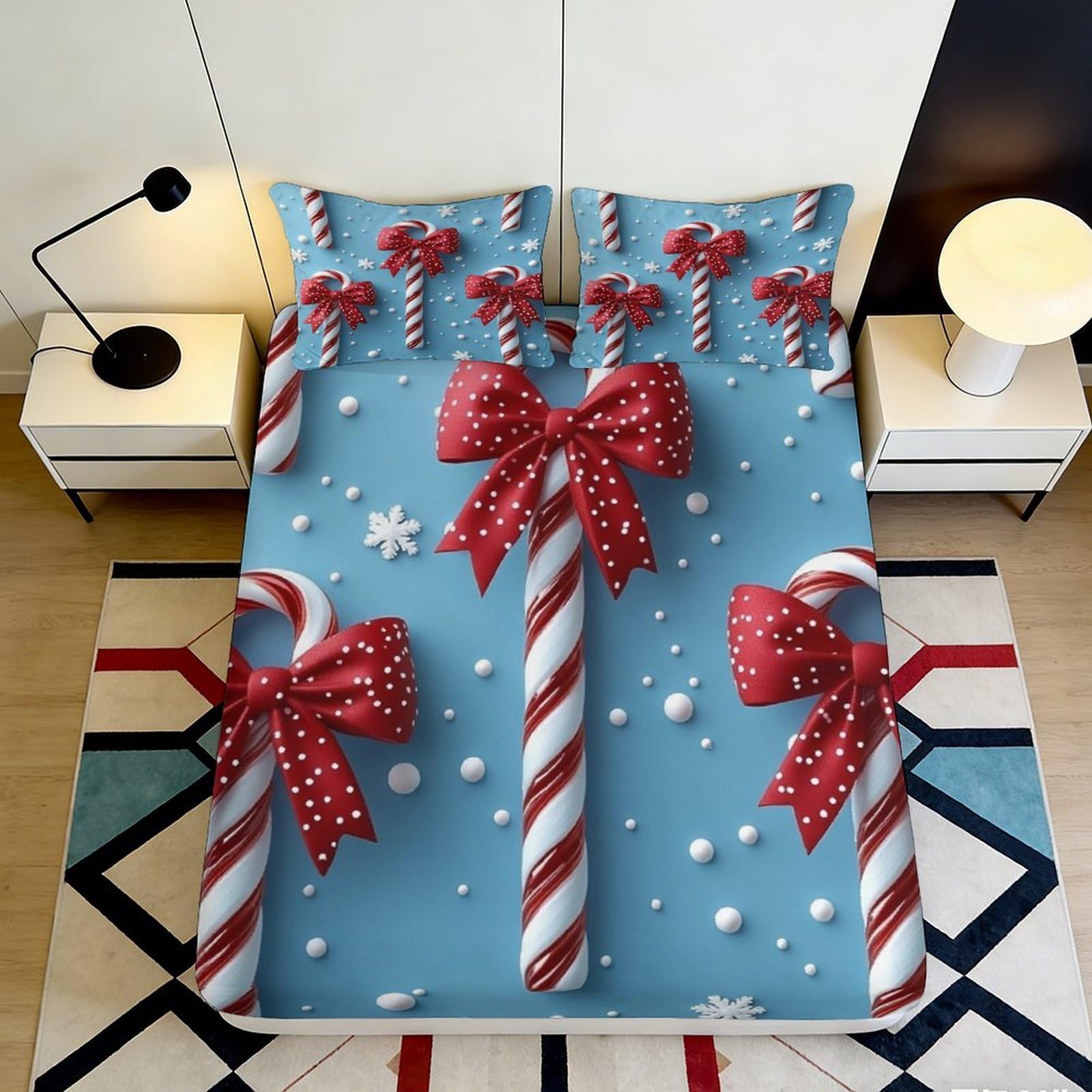 Pnayamiorkfel Style-3 3D Printed Candy Cane Christmas Fitted Sheet Microfiber Red Bow Bed Cover For Bedroom Guest Room Decor Easy Care 90X200x25cm