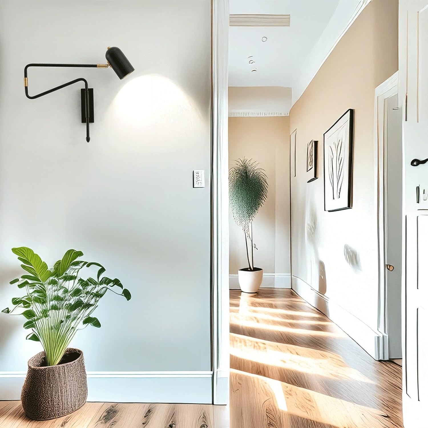 Modern Nordic Wall Sconce Black Finish Swing Arm & Metal Round Shade Hardwired Wall Lamp Adjustable Extendable for Living Room Bedroom Bedside Reading Nook Study Office Directional Accent