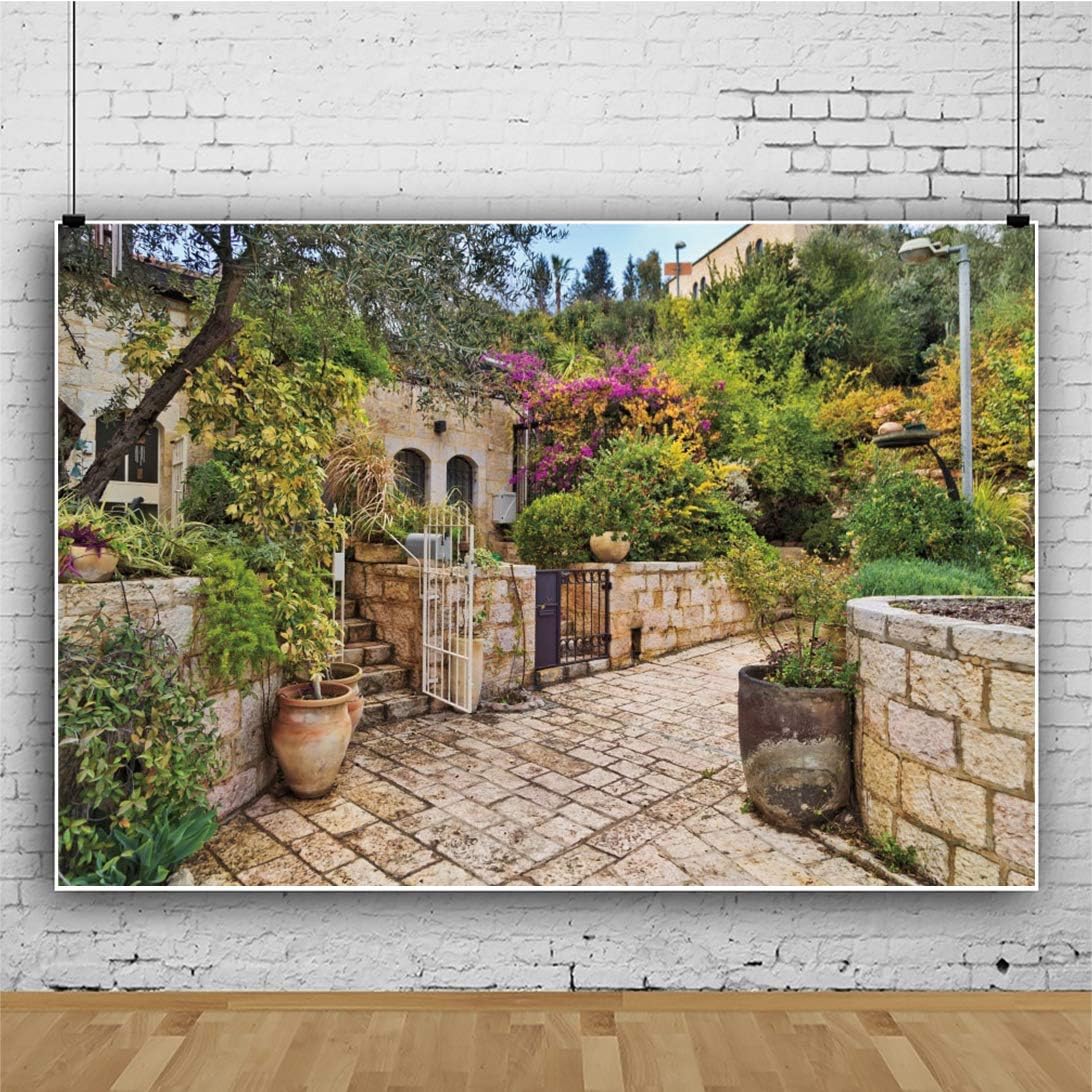 10x8ft Jerusalem Old House Narrow Street Backdrop Jerusalem Backdrop Spring Flowers Trees Background for Photography Wedding Party Supplies Judaism Event Decor Banner
