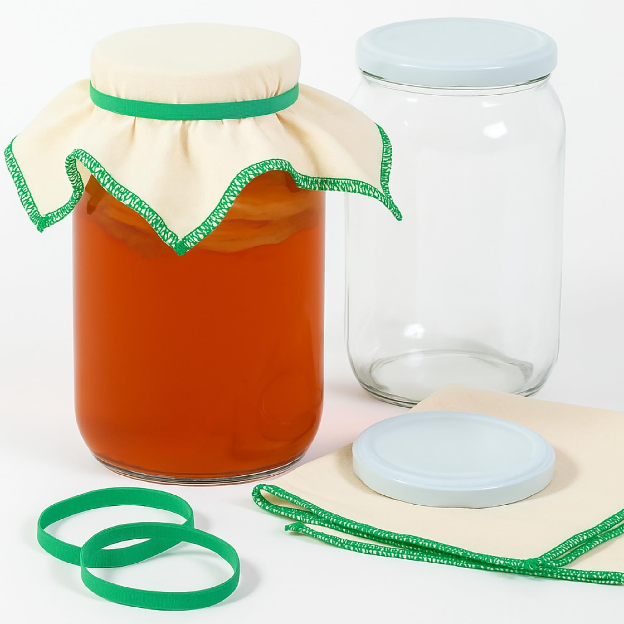 Kefir & Kombucha Starter Kit | 2L Glass Jars with Airtight Lids | Wide Mouth for Easy Fermentation | Includes Muslin Cloths & Rubber Bands, Transparent, Glass