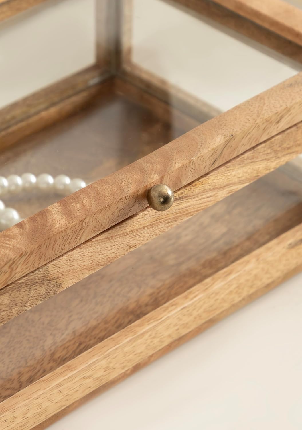 Kate and Laurel Curiel Decorative Glass Box for Tabletop Storage, 10 x 6 x 4, Clear Glass and Natural Wood, Modern Jewelry Box for Use as Bathroom Vanity Organization or Entryway Table Decor