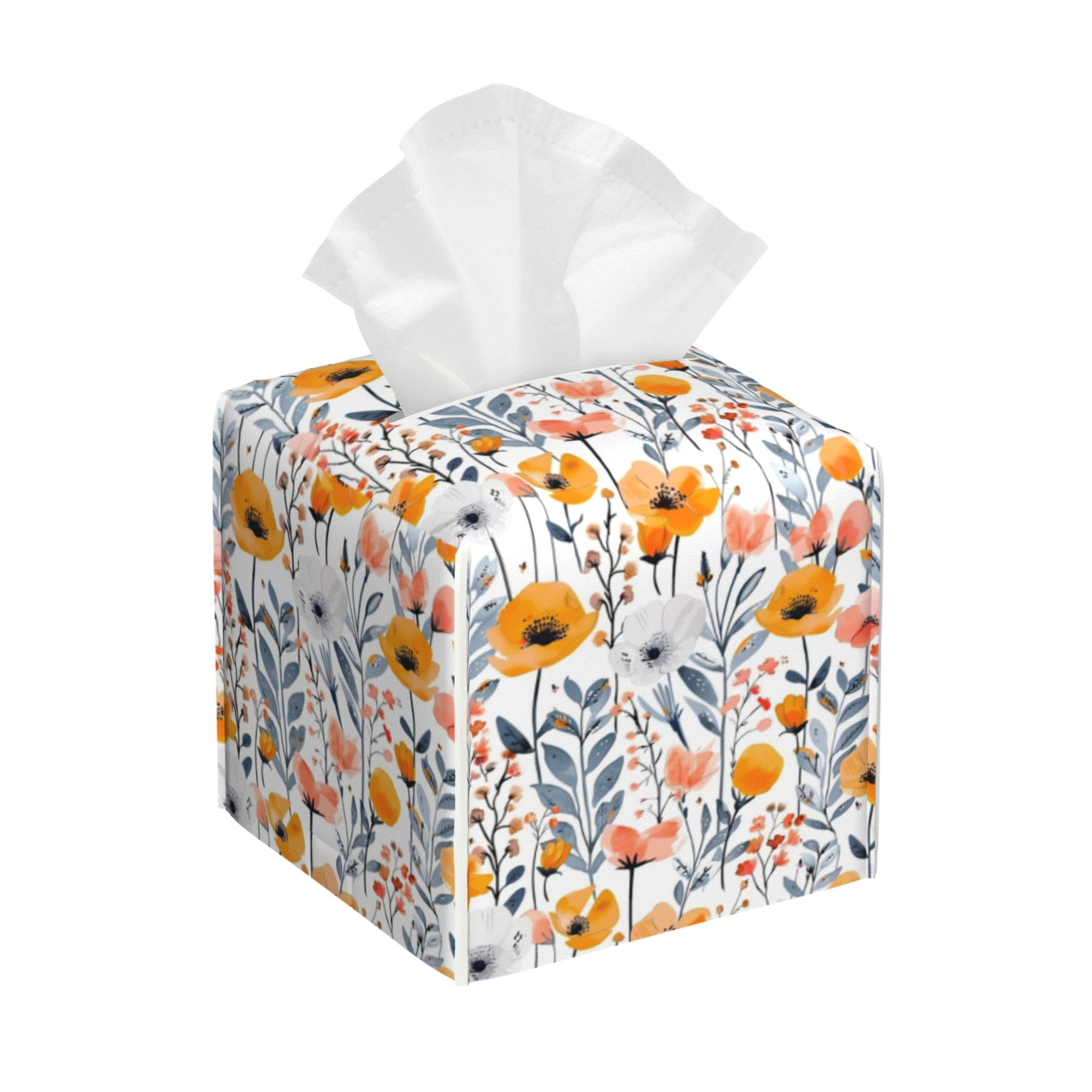 Botanical Square Tissue Box Cover Vintage Wildflowers Tissue Box Holder Facial Cube Paper Dispenser Leather Decorative Organizer Home Office Desk Decor 5.2"x5.2"x5.2"