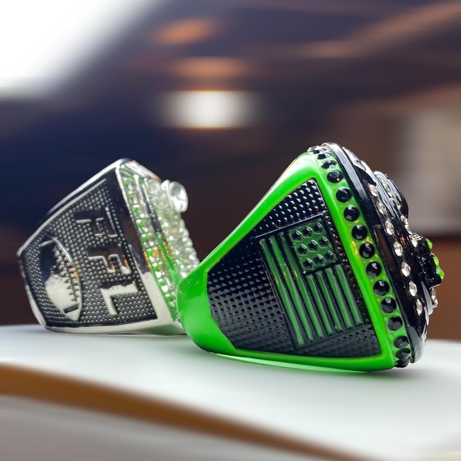 Set of two 2023 Fantasy Football Championship trophy ring | Silver Tone, and Neon Green and Black | Mixed Size