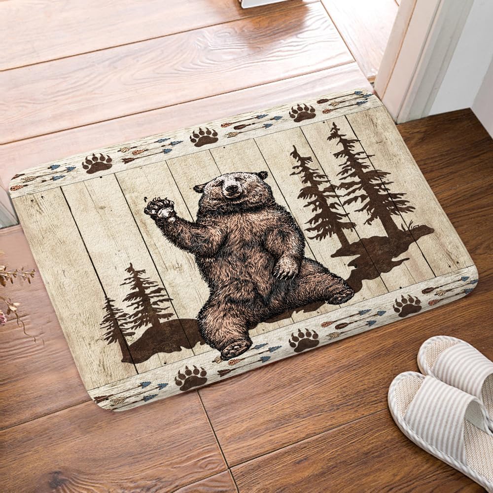 DYNH Rustic Bear Bath Mat for Bathroom, Funny Country Cabin Forest Animals Print Dark Brown Woodland Floor Rugs Mats Non Slip Bathroom Decor Accessories 19X31 Inches Kitchen Bedroom Indoor