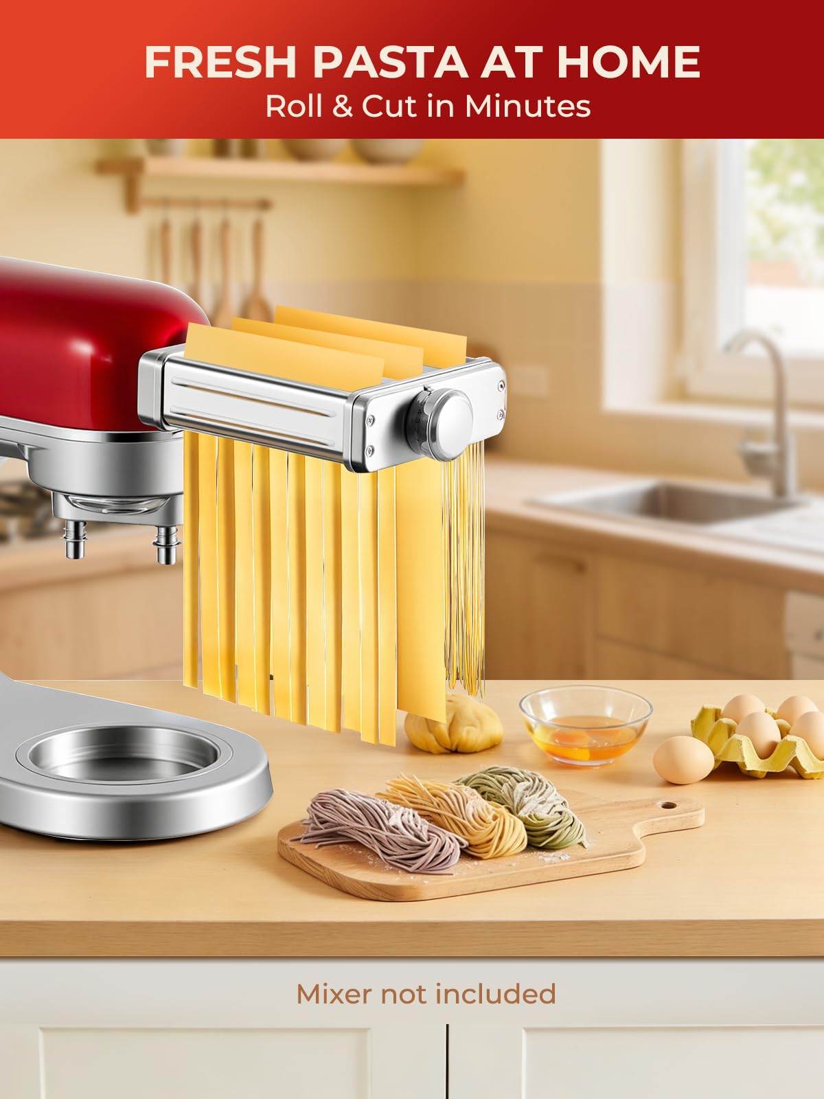 FOHERE 3 in 1 Pasta Zubehör für KitchenAid Standmixer, Edelstahl Nudelaufsatz Set für KitchenAid Nudelvorsatz, Inkl FettuccineSchneider, SpaghettiSchneider & Nudelwalze